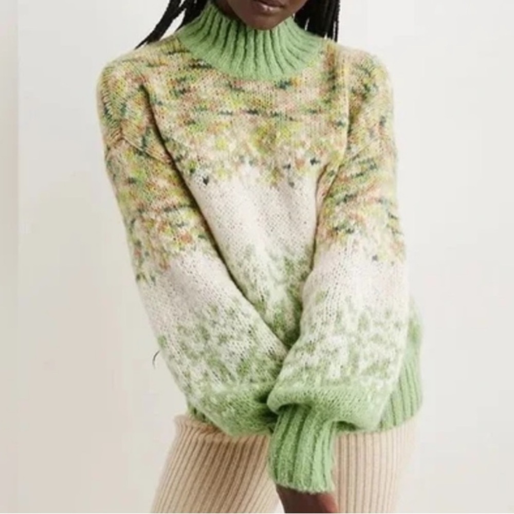 Aerie Fair Isle Green Mock Neck Pullover Sweater Size Large